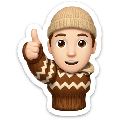 thumbs up fist in brown knit mitten with zig-zag beige pattern sticker