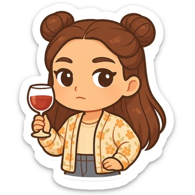 Create a chibi sticker of the girl from the reference image. She has brown straight hair styled in double buns, brown eyes, wearing a pastel floral cardigan and jeans. She is holding a glass of wine, looking important and posh. The sticker should have a white outline and a transparent background, sized 512x512px. sticker