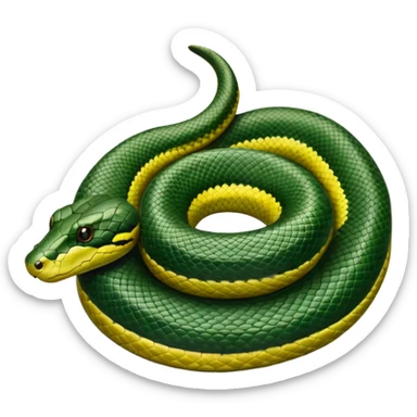 A photo-realistic top-down view of a Green Anaconda tightly coiled in a spiral, with its broad, flat head resting at the center. Its thick, muscular body is olive-green and covered in symmetrical, bold black oval spots that stand out against its smooth scales, creating striking natural camouflage. sticker