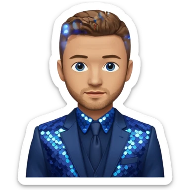 Justin Timberlake with light brown hair, blue eyes, sequin navy blue suit jacket sticker