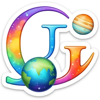 letter J with colorful planets orbiting around it sticker