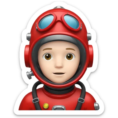 a boy  wearing a red scuba diving helmet with glass visor sticker