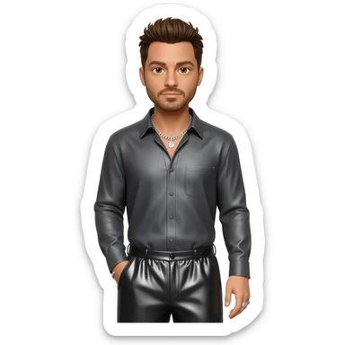 Ricky Martin with brown hair, dark gray metallic long sleeve shirt, black metallic baggy pants, silver necklace sticker