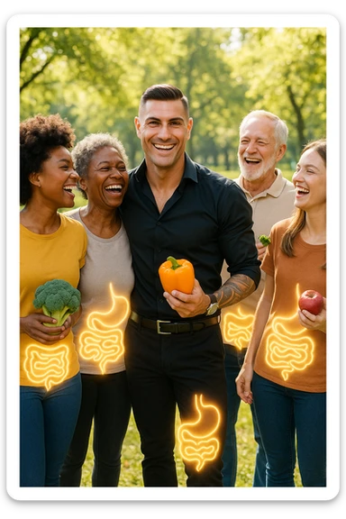  a smiling man stands at the center of a group of diverse, happy people in a bright park. Everyone has a subtle, glowing outline around their abdominal area, symbolizing a healthy gut. The group is laughing, sharing fresh fruits and vegetables, and the atmosphere is vibrant and full of energy. sticker