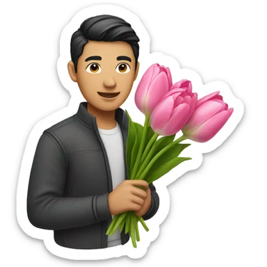 Asian guy holding pink tulip bouquet  sticker