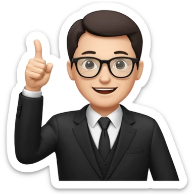 un PROFESOR con terno negro que este parado con sus lentes guiñando el ojo y CON LAS MANOS HACIA ARRIBA DANDO LIKE sticker