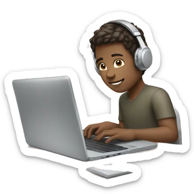 Handsome boy white skin tone wearing headphones working on laptop  sticker