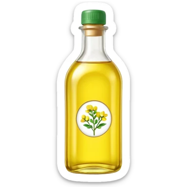 rapeseed oil bottle transparent with pale yellow oil, simple curved or rectangular shape, green or neutral cap, no branding, light clear smooth oil with soft golden glow, no label, clean 3D style, soft shadows, emoji scale sticker