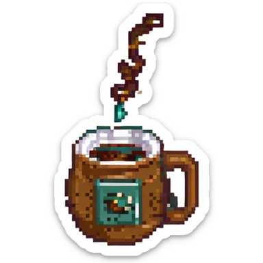8-bit pixel art emoji, IV bag filled with brown coffee in a coffee cup connected sticker