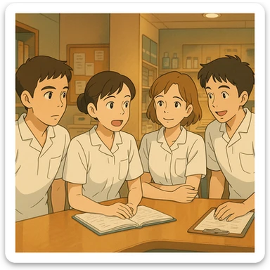 Quatre étudiants infirmiers en équipe, en pleine discussion dans un poste de soin, style Ghibli. Uniformes blancs à manches courtes, tuniques médicales col en V, poche poitrine à gauche, sans pied de col ni stéthoscopes, rien ne dépasse des manches. Les personnages reprennent les traits des quatre photos fournies. sticker
