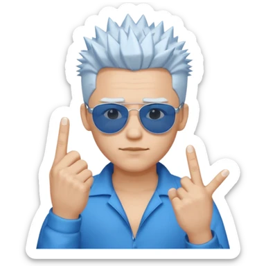 young man wearing, blue sunglasses, spikey white hair, one hand two finger crossed sticker
