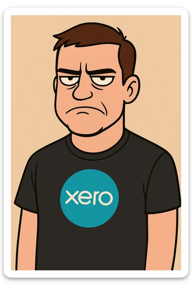 Create a cartoon style image of a man with short brown hair, wearing a black Xero t-shirt, with a not amused expression. Use a simple background. sticker
