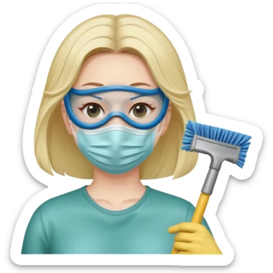 lady cleaning excessively and feeling anxious wearing a mask sticker