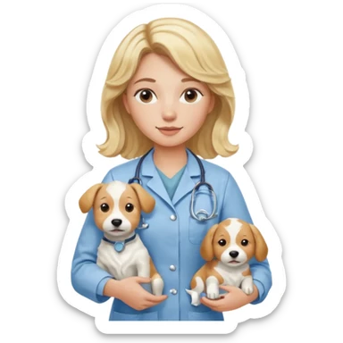 Joven mujer, de cabello bajo los hombros rubio con ondas, veterinaria de perros, vacas y caballos, con traje clínico celeste, sin delantal blanco sticker