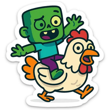 a green baby zombie riding a chicken, vibrant cartoon style, expressive, colorful sticker