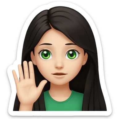 Animated girl dark long hair green eyes emoji with duh facial expression ,one hand on top of her head sticker