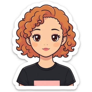 A teenager girl light skin with a light bit of pink and orange blush brown eyes that shine like honey brown curly hair to her shoulders wearing a black t shirt sticker