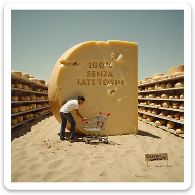 surreal scene of a dairy aisle transforming into a desert, a man reaching for a '100% SENZA LATTOSIO' cheese mirage dissolving into real aged Parmigiano, a sign in the sand saying 'Cercavi questo?', surreal grocery cart in the sand, hyper-realistic, dreamlike atmosphere sticker