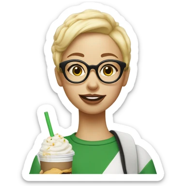 A girl with short blonde hair and round glasses eating shake shack sticker