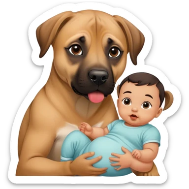 Black mouth cur dog next to a baby with dark hair sticker