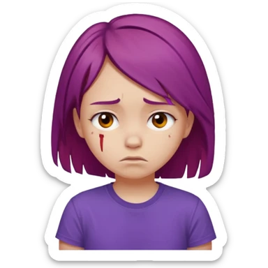 Young girl with red, damaged, and unattractive hair, wearing a purple T-shirt, with a sad and subdued expression. sticker