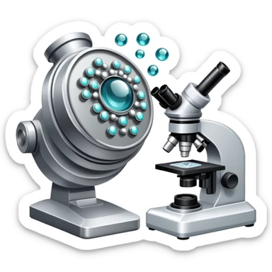 An icon featuring two-ocular electron microscope, a metal alloy, atomic structure symbols, a crystal structure. The design includes different materials like metals, ceramics and polymers, alongside a stamp representing testing and quality control. Transparent background sticker