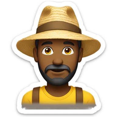 man with brown beard, light brown skin, big eye brows, wearing a straw hat and a yellow t-shirt sticker