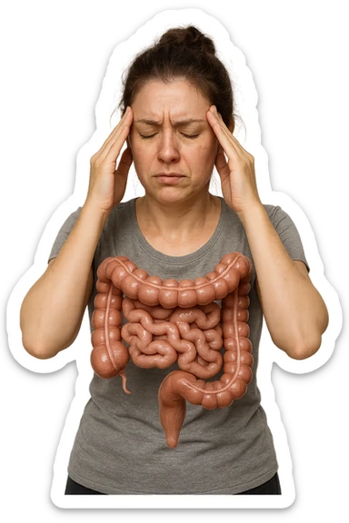 donna molto stanca e stressata che si massaggia le tempie con intestino umano anatomico realistico in evidenza, sfondo bianco, iperrealistico 4k sticker
