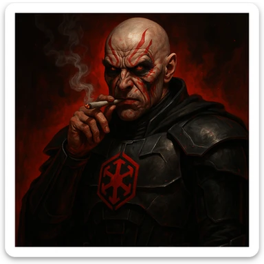 a sinister sith lord in black armor, helmet off, smoking a joint, red and black color scheme, star wars inspired sticker