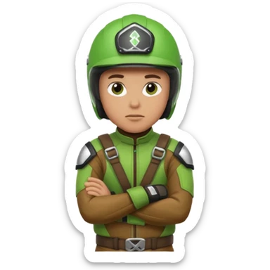 dirtbike rider in green gear with arms crossed, and thinking sticker