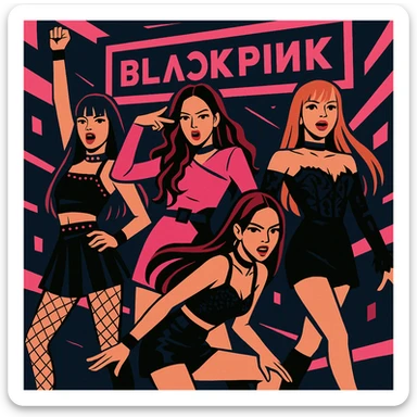 Blackpink K-pop group, pink and black theme, glamorous stage fashion, dynamic pose, bold expressions sticker