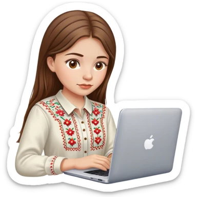 A Ukrainian girl with brown hair in an embroidered shirt works at her laptop sticker
