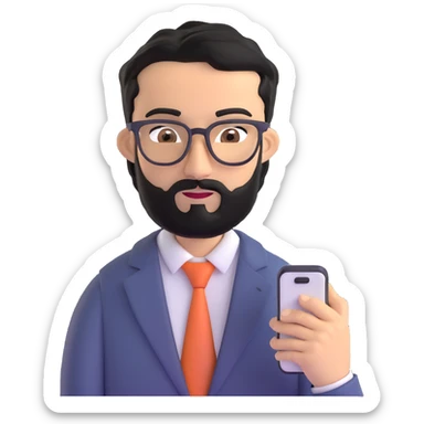 same professional man with medium black beard, neat black hair, connected unibrow, olive tan skin, brown eyes, glasses, prominent nose, in business casual attire, looking at mobile phone screen sticker