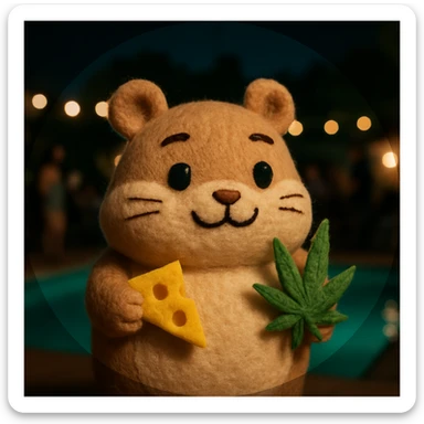 Discord server icon, circular, centered composition of a hamster cult weed and cheese pool party at night, playful and plush, plush portrait style sticker