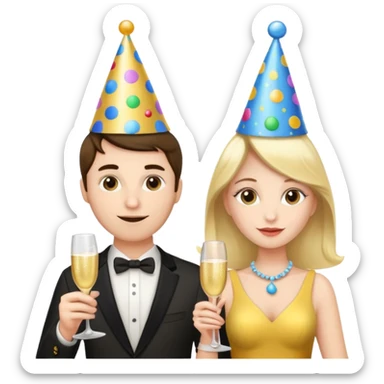A Woman and a man with a champagne cup new year sticker