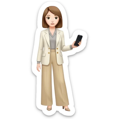 pale skin woman with brown Straightened bob Hair, White Spacious classical jacket, beige palazzo Arrow pants and gray blouse holding white IPhone 15 pro in the hands sticker
