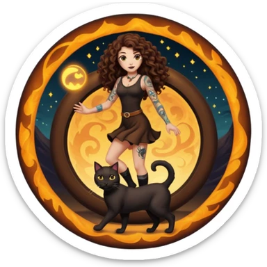 woman with long curly brown hair, brown eyes, white skin, tattoos, black cat stepping out of a glowing portal circle sticker