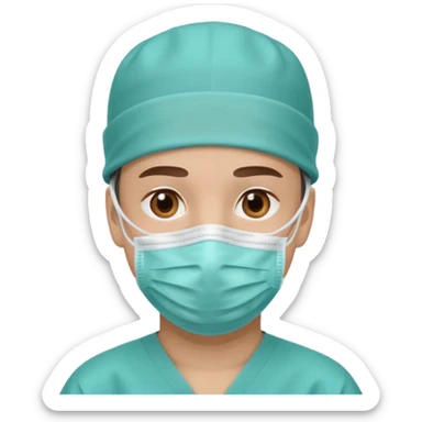 A light-skinned man with brown eyes, wearing a teal surgical cap and face mask. sticker