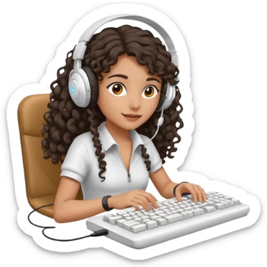 Spanish girl with long dark curly hair, wearing a white gaming headset and playing on keyboard with a gaming mouse in one hand sticker