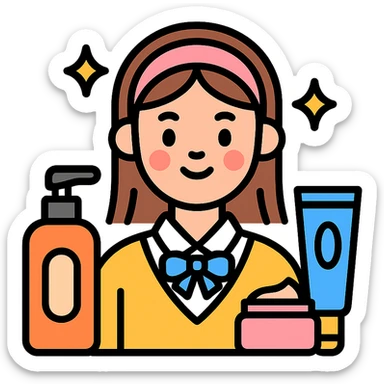preppy girl with glowing skin, surrounded by skincare products sticker