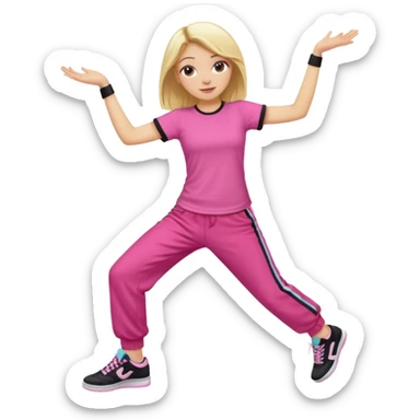 Hiphop dancer, with cute big pants, sneakers, and t-shirt. White girl blond. Coloufull shirt. No pocket pants. Dancing. No orange. Pink and black sticker