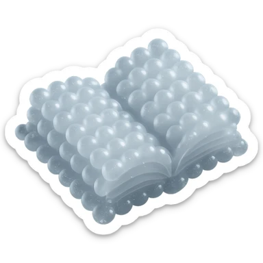 top view of a thick open book made entirely of small, very bright white fluffy convex clouds, matte glass style sticker