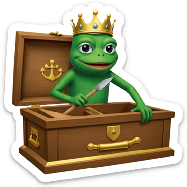 Emoji of an empty wooden coffin with its lid on top, the word ‘ECHO’ carved into the side panel. The coffin is shown from the outside. A king-like Pepe the Frog, standing outside the coffin, is hammering nails into the lid to seal it shut. No character is inside the coffin. Not a treasure chest. sticker