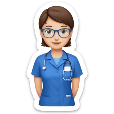 Blue eyes short brown hair with glasses woman in care assistant blue uniform sticker