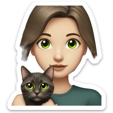 pale brunette girl with long brown hair with bright green eyes holding black cat sticker