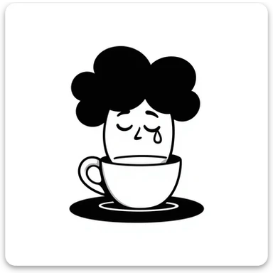 hand drawn doodle of a coffee cup with emo hair and sad expression sticker
