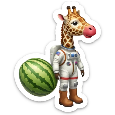 watermelon body with only the head of a giraffe poking out, wearing brown boots and an astronaut helmet sticker