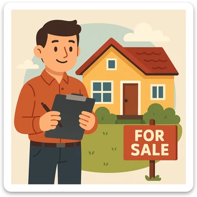 flat toon style person with a clipboard in front of a house for sale sticker