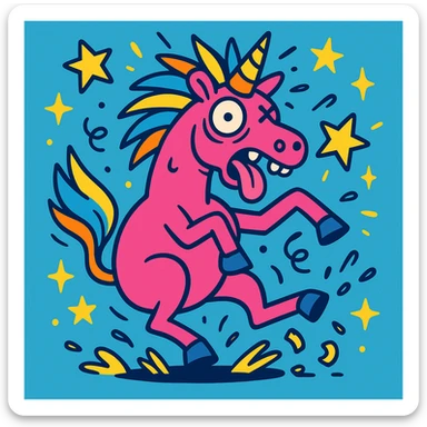 neon pink unicorn, comical disaster, energetic, humorous details, cartoon style, vibrant colors sticker