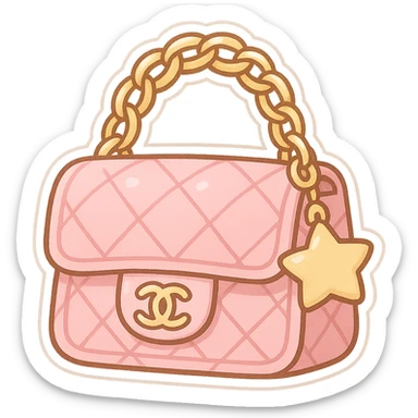 pink Chanel purse with a star charm, cute and exaggerated, chibi stickers style sticker